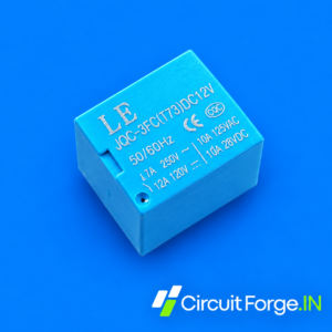 LE JQC-3FC(T73) 12V DC relay at diagonal angle on blue CircuitForge.IN background